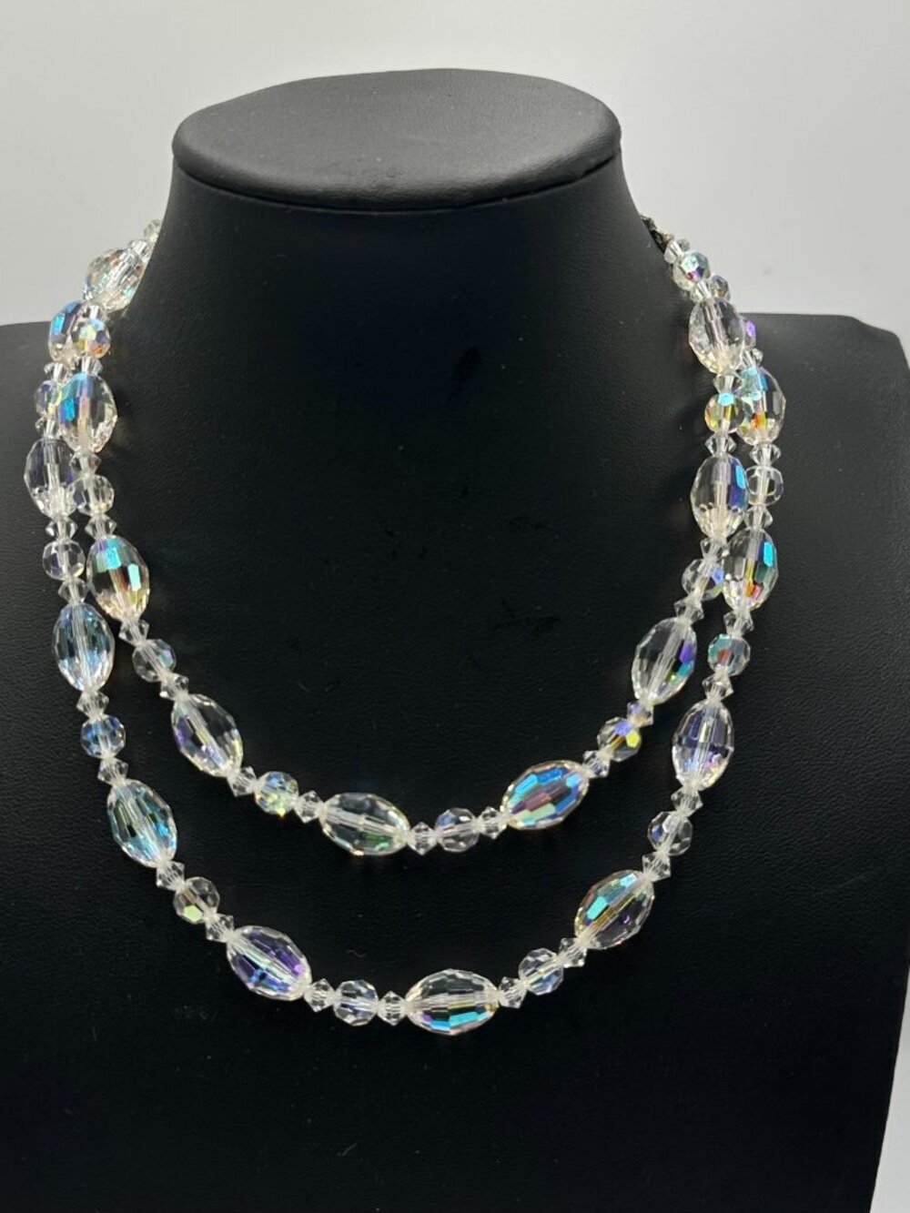 Vintage Aurora Borealis Necklace Crystal Beads Clear Two Strand Hook Clasp 14"